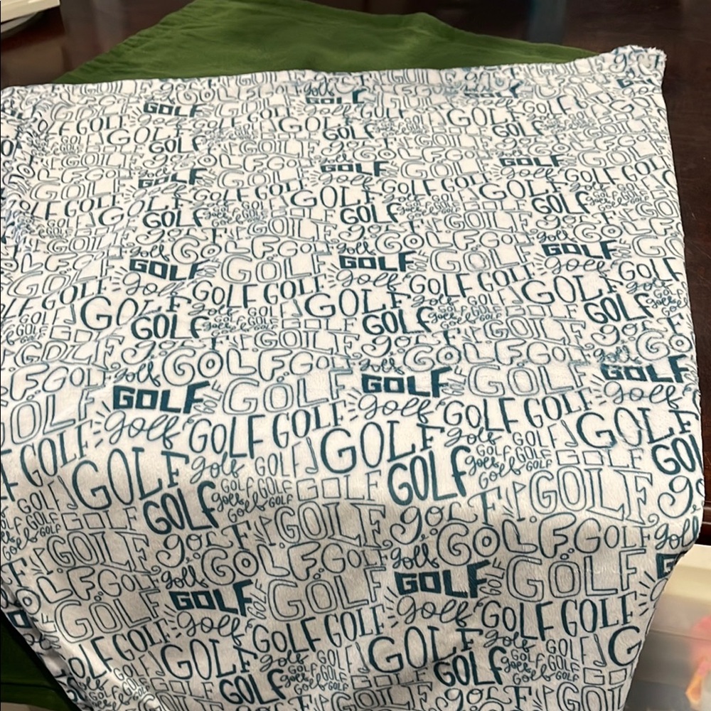 Golf Themed White and Green Fabric Baby Blanket. Minkie and Flannel. 35x40”